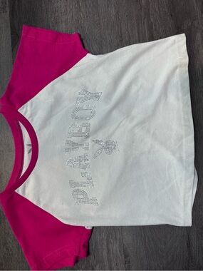 PLAYBOY White Tee with Hot Pink Raglan Sleeves and Rhinestone Logo
